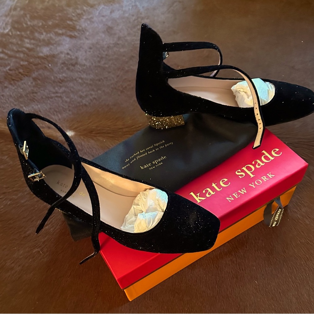 Kate Spade Gold Glitter Heel Black Velvet Pumps. Gem
